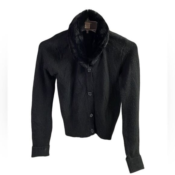 CHEROKEE Ladies Button Up Faux Fur Collar Black Sweater Size XL 14 / 16 - Picture 2 of 10